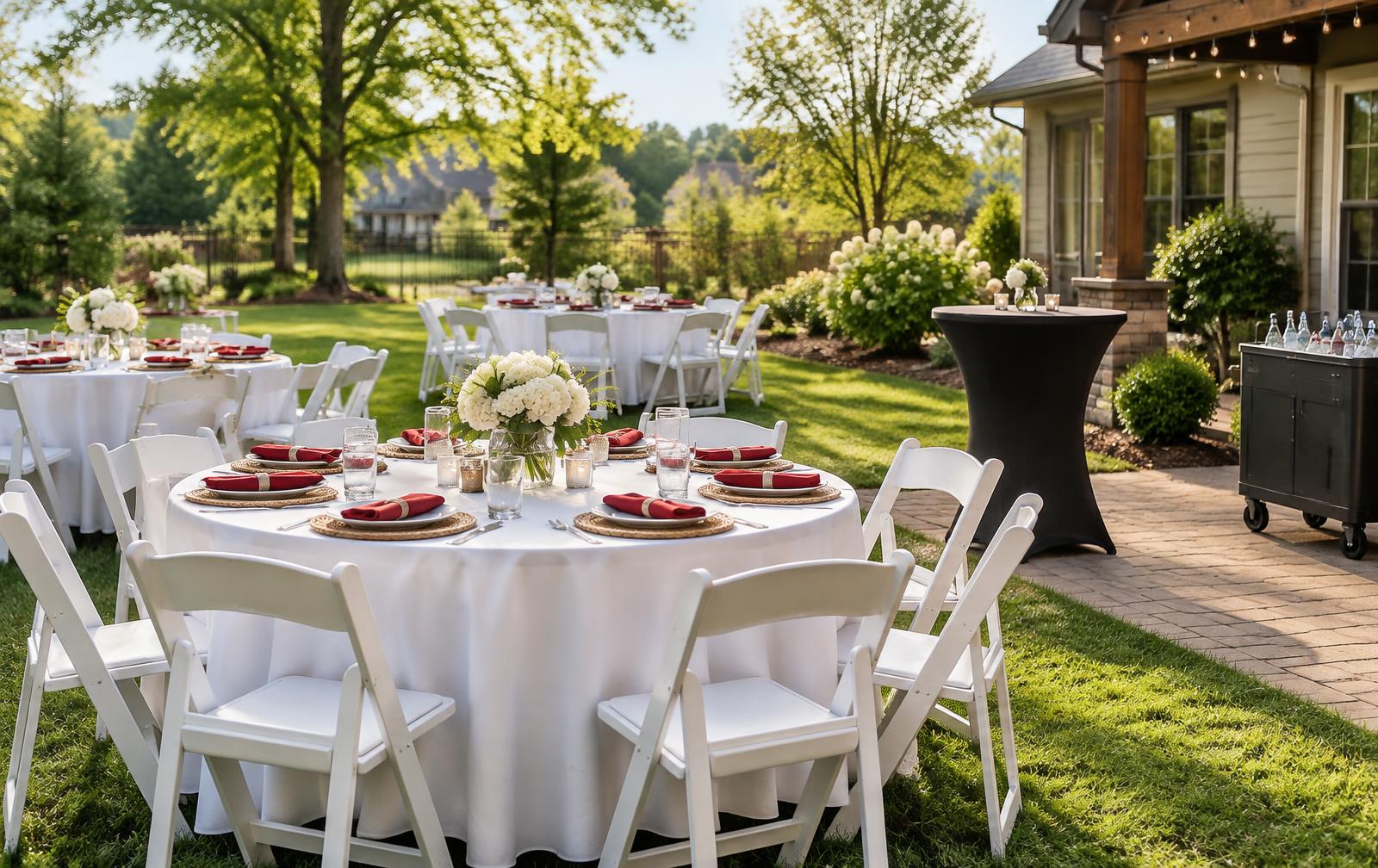 Round tables and white folding chairs arranged for a backyard event